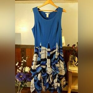 Vasna Desire Blue and White Fit and Flare Midi Dress for Wedding Guest